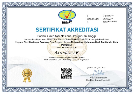Program Studi Budidaya Perairan, Fakultas Perikanan dan Ilmu Kelautan, Universitas Muhammadiyah Pontianak berhasil mempertahankan akreditasi B. hal ini sesuai dengan Sertifikat Akreditasi No.…